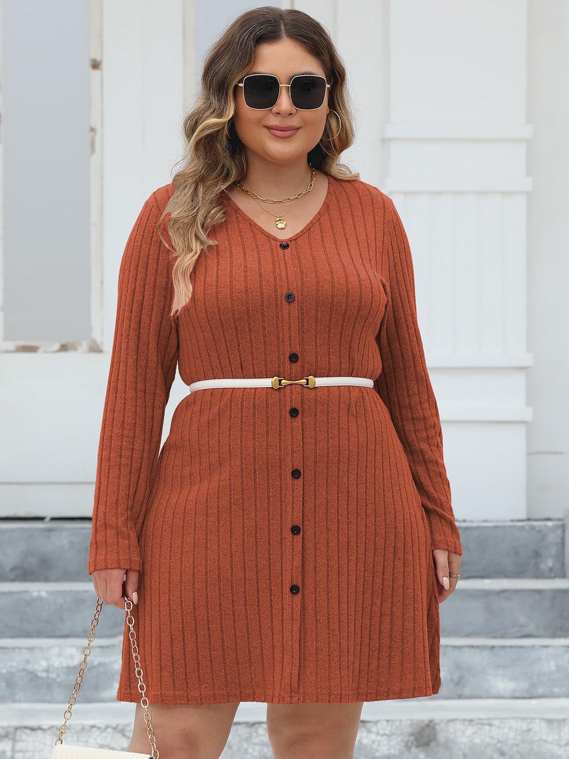 Plus Size Ribbed Buttoned V-Neck Long Sleeve Dress - The Goddess Galleries