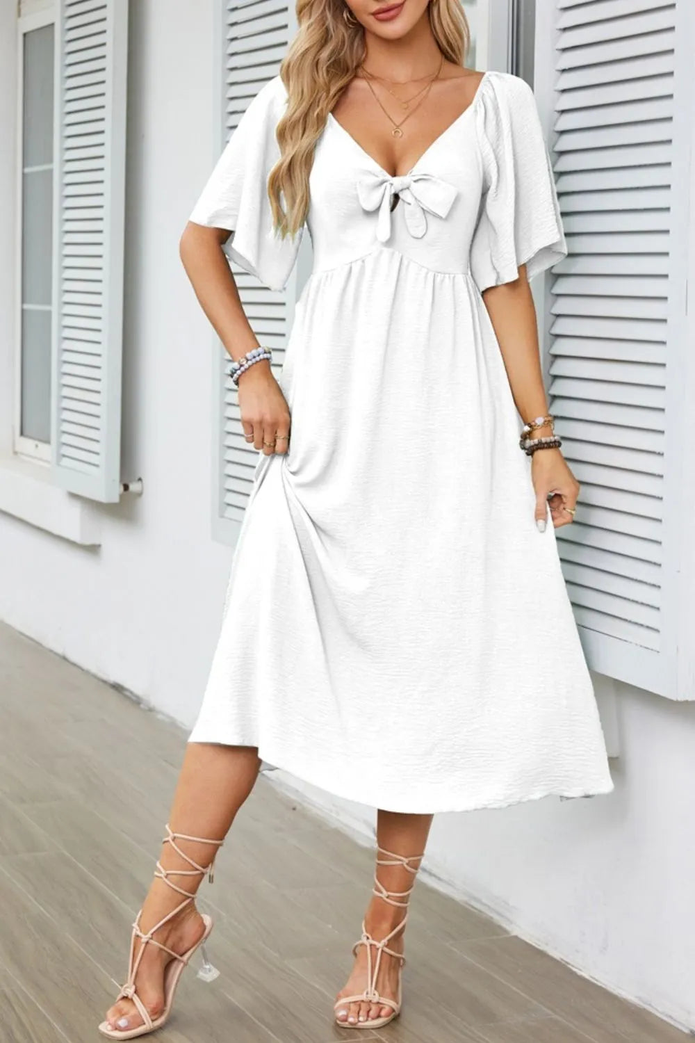 Smocked Tie Front Flutter Sleeve Midi Dress - The Goddess Galleries