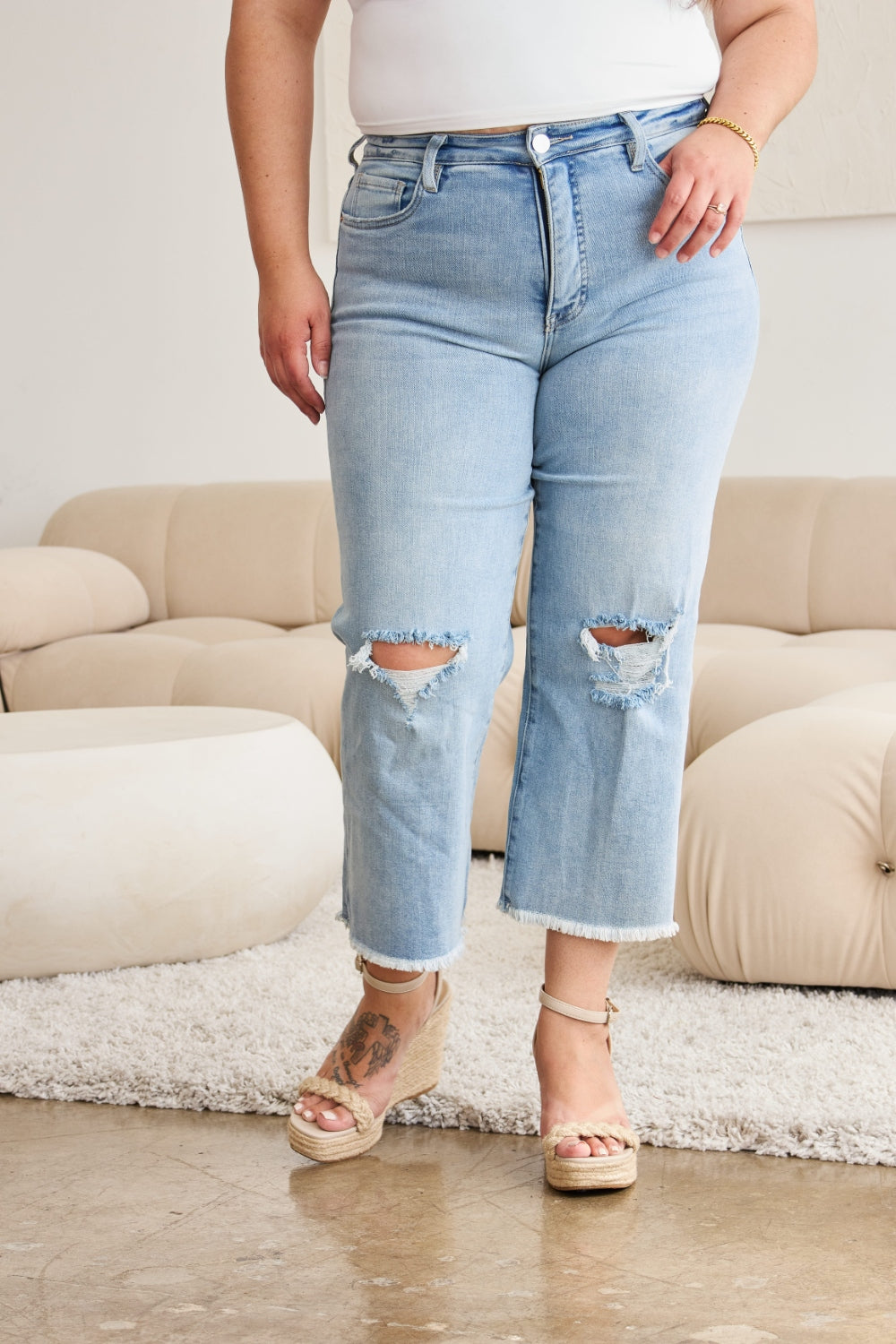 RFM Full Size Tummy Control High Waist Raw Hem Distressed Jeans - The Goddess Galleries