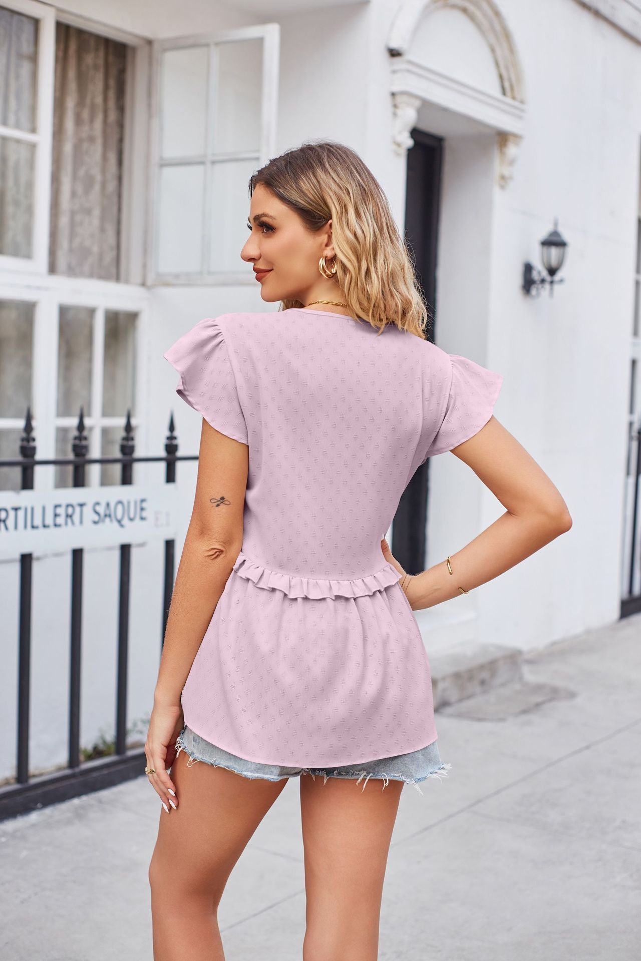 Buttoned V-Neck Ruffle Trim Top - The Goddess Galleries