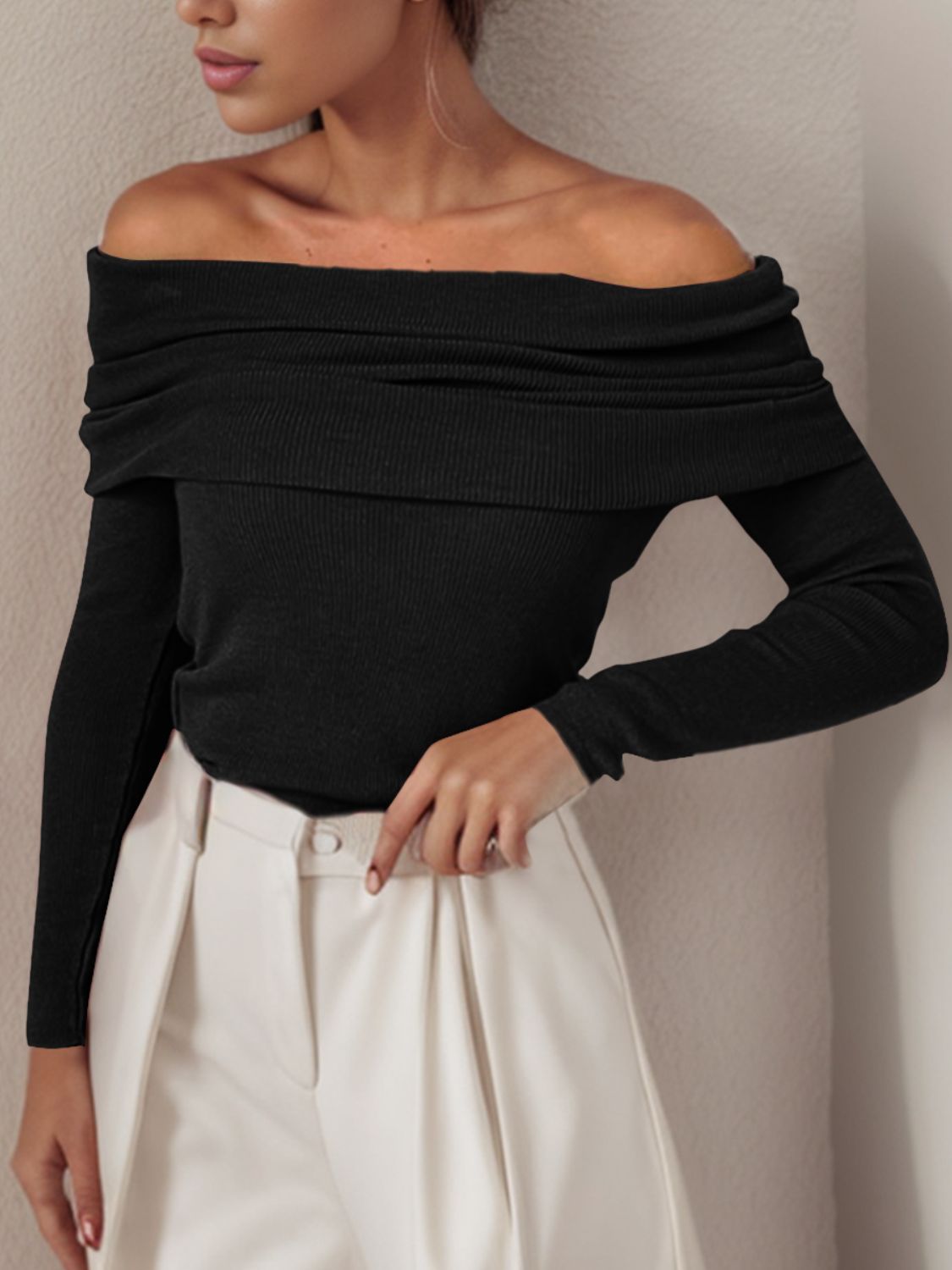 Off-Shoulder Long Sleeve Sweater - The Goddess Galleries