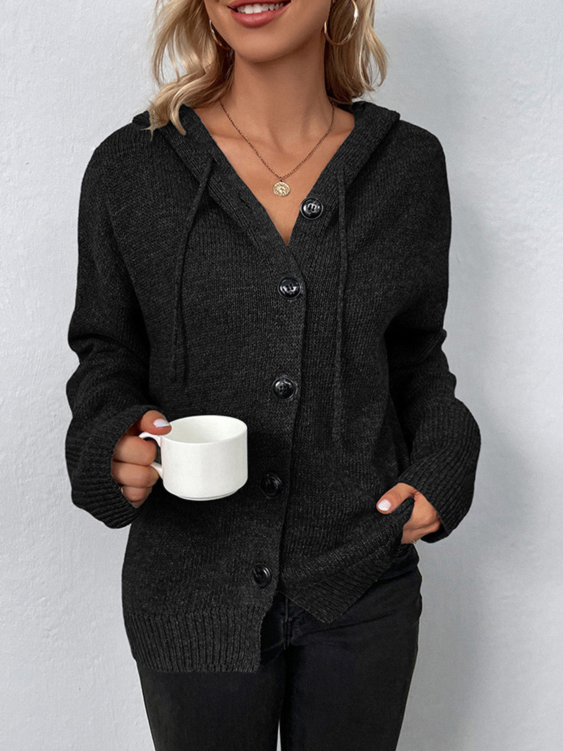 Drawstring Button Up Hooded Cardigan - The Goddess Galleries