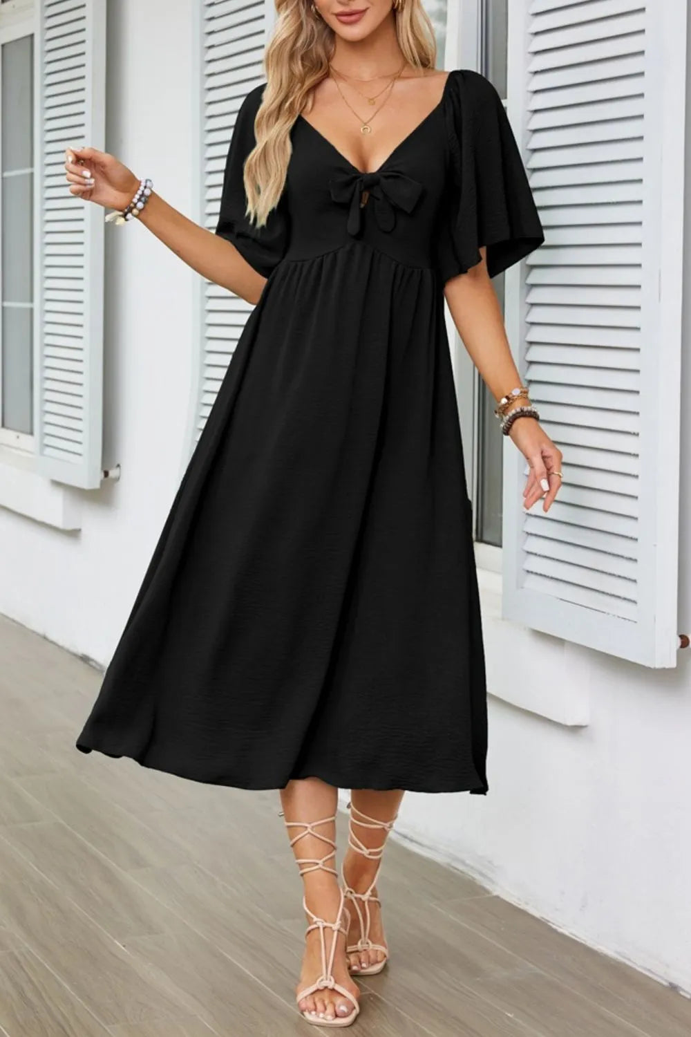 Smocked Tie Front Flutter Sleeve Midi Dress - The Goddess Galleries
