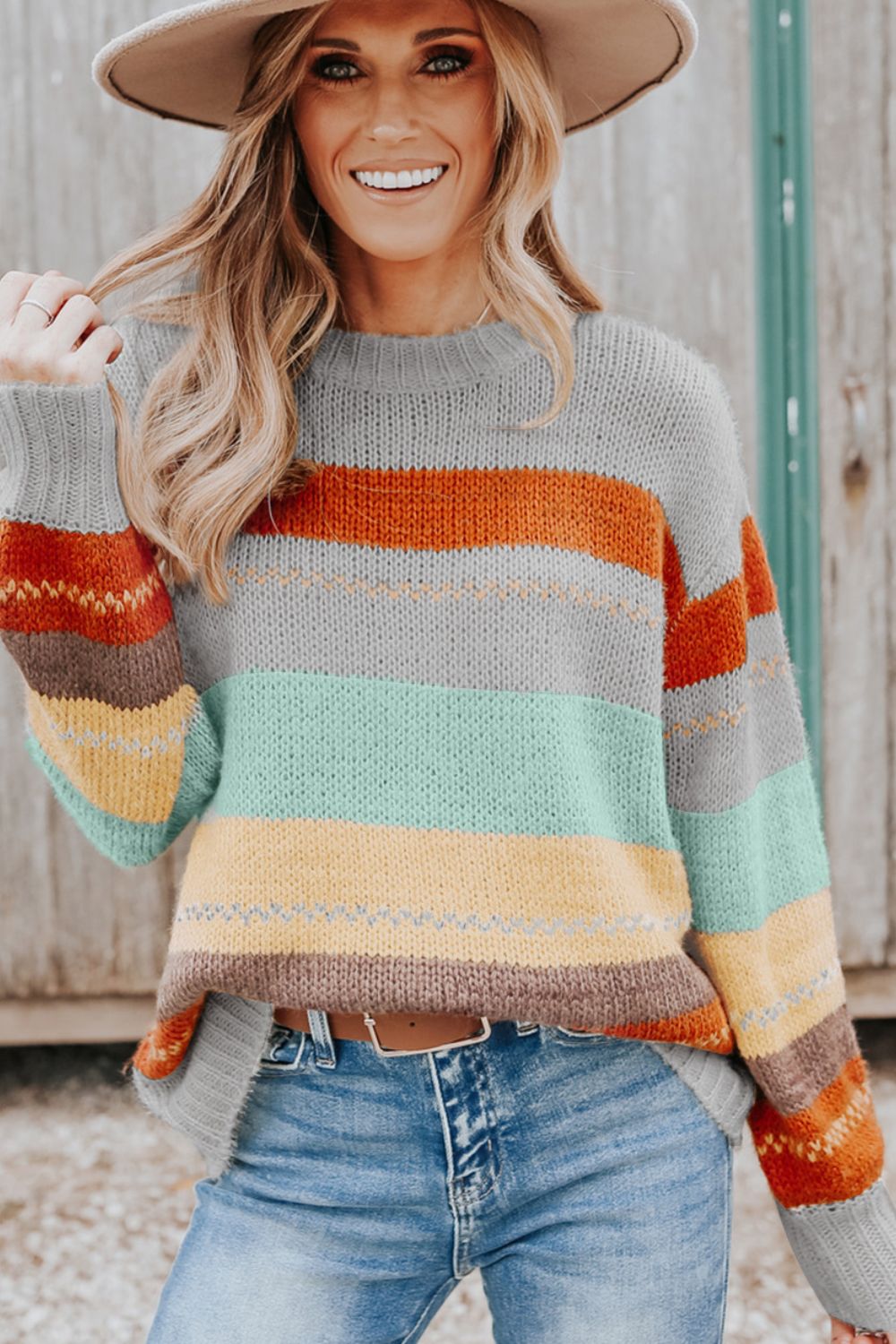 Color Block Round Neck Dropped Shoulder Sweater - The Goddess Galleries