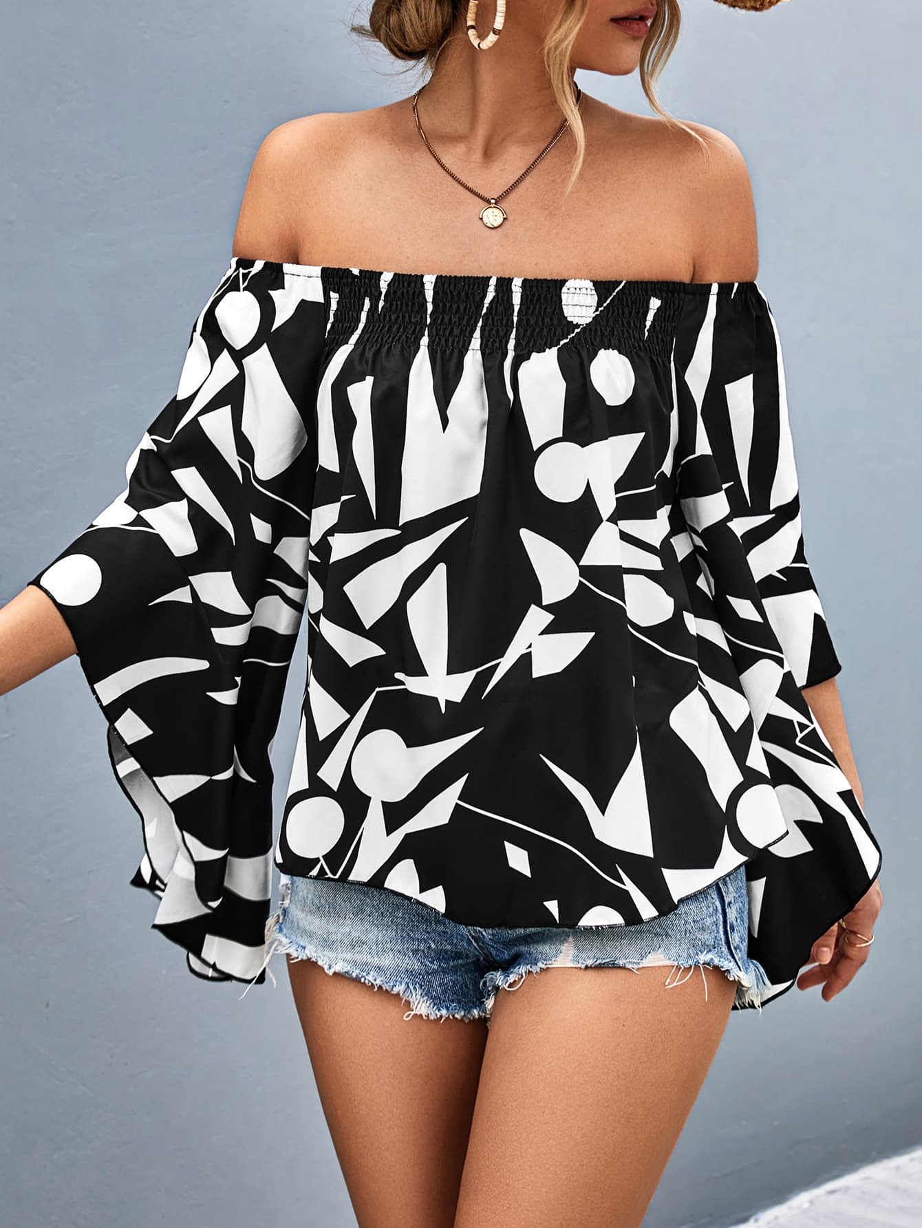 Printed Off-Shoulder Bell Sleeve Blouse - The Goddess Galleries