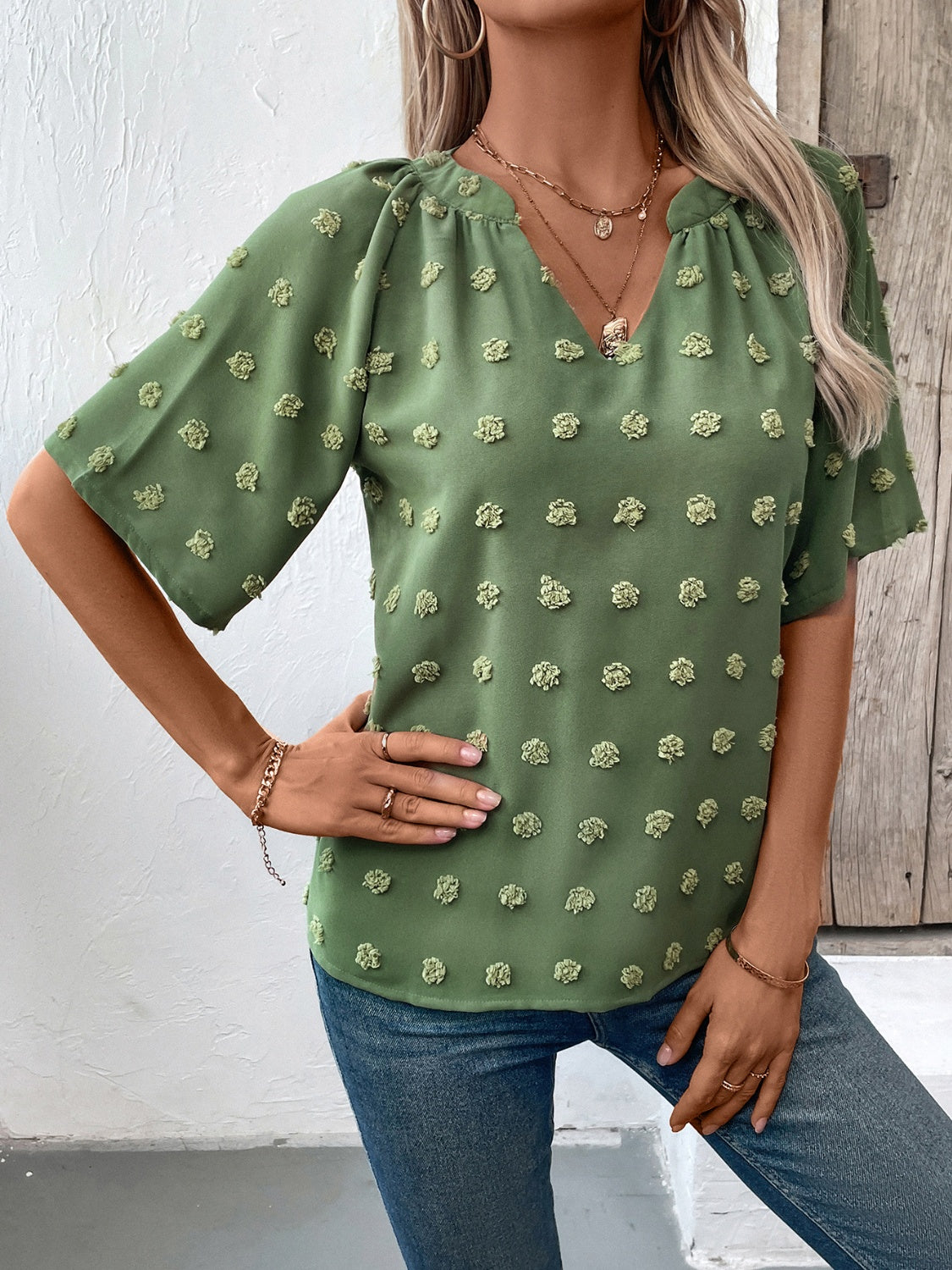 Ivy Lane Swiss Dot Notched Half Sleeve Blouse - The Goddess Galleries