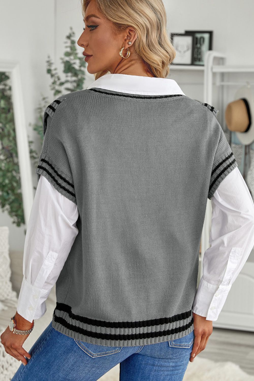 Striped Trim V-Neck Sweater Vest - The Goddess Galleries