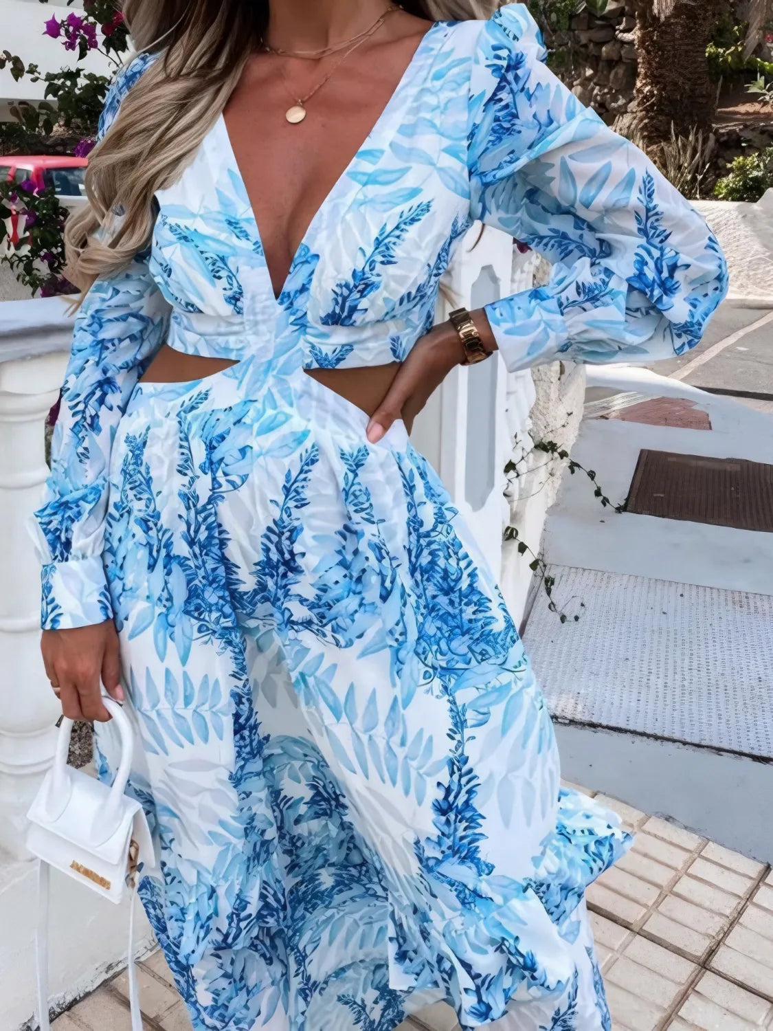 Ruffled Printed Cutout Plunge Maxi Dress - The Goddess Galleries