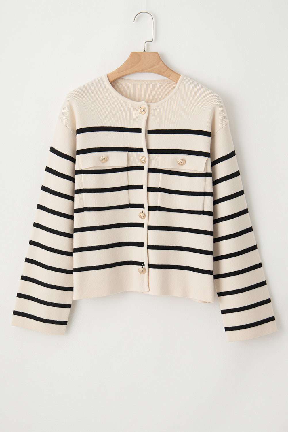 Striped Button Up Round Neck Cardigan - The Goddess Galleries