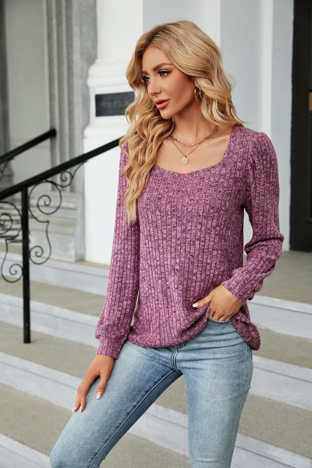 Ribbed Square Neck Long Sleeve T-Shirt - The Goddess Galleries
