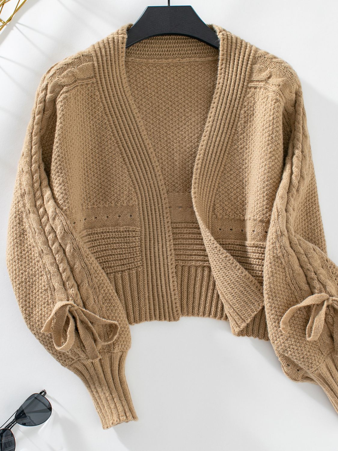 Cable-Knit Tied Open Front Lantern Sleeve Cardigan - The Goddess Galleries