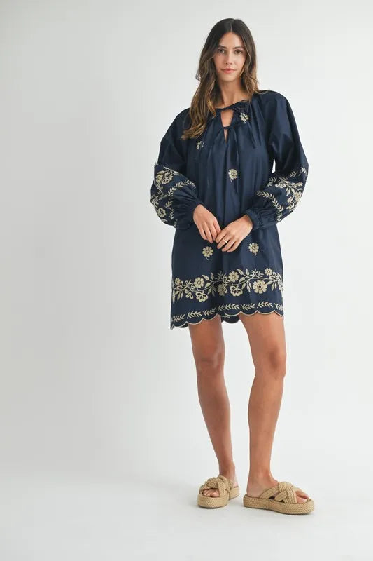 MABLE Embroidered Long Sleeve Peasant Mini Dress - The Goddess Galleries