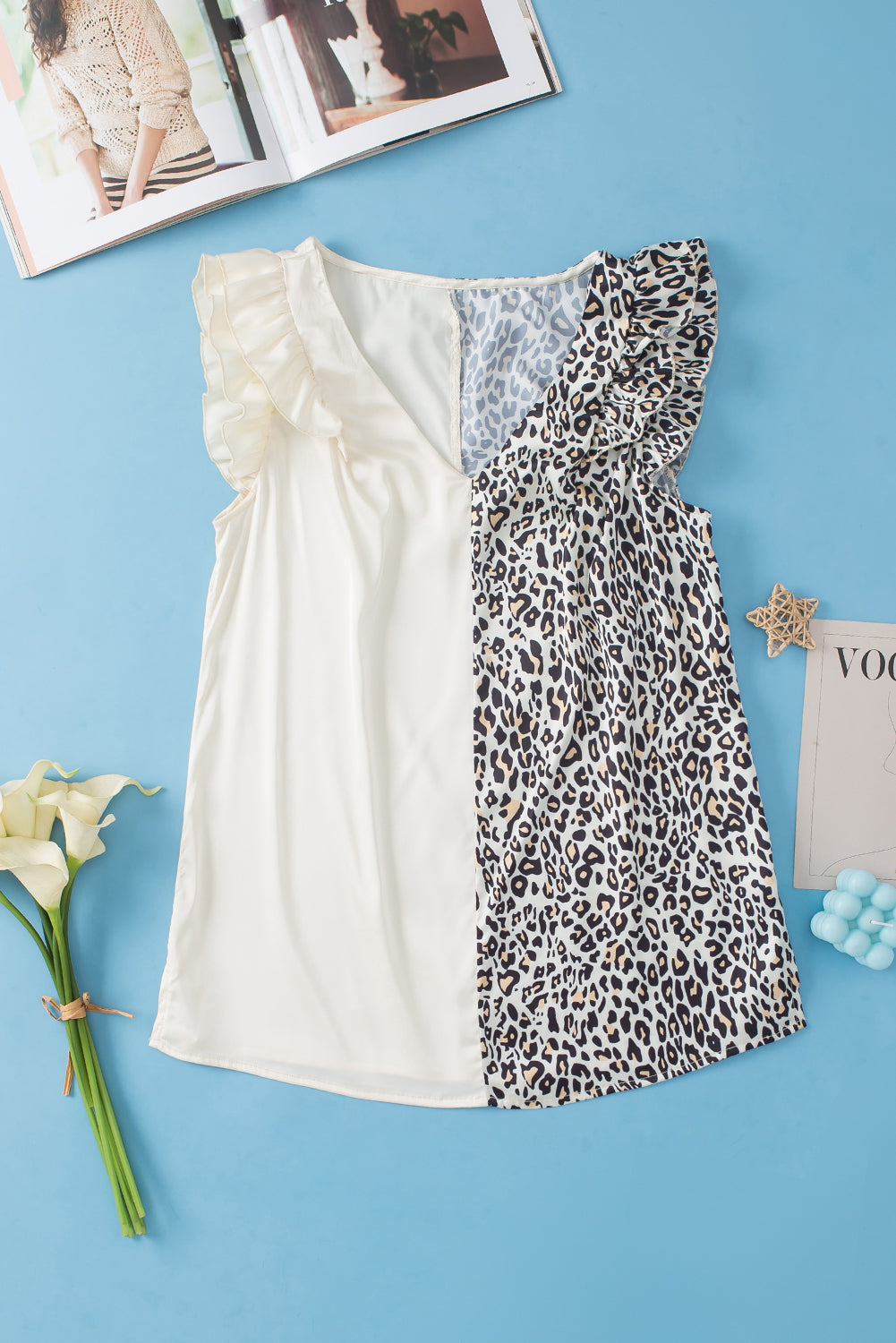 Ruffled Leopard V-Neck Cap Sleeve Blouse - The Goddess Galleries
