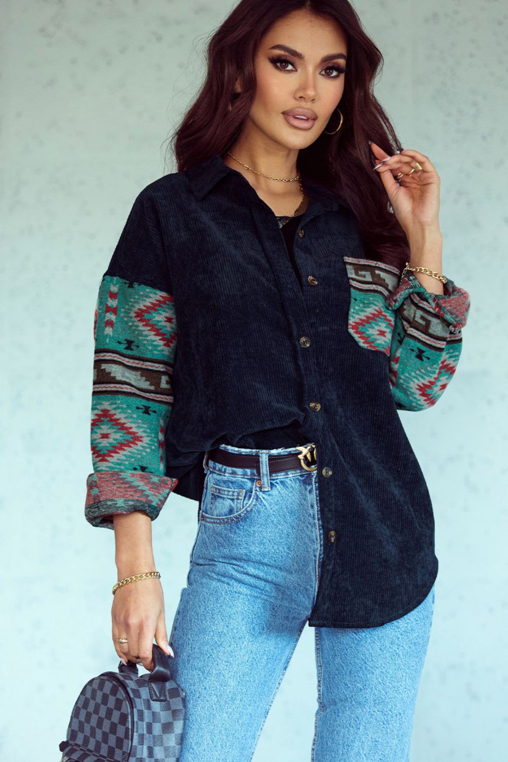 Pocketed Geometric Collared Neck Shacket - The Goddess Galleries