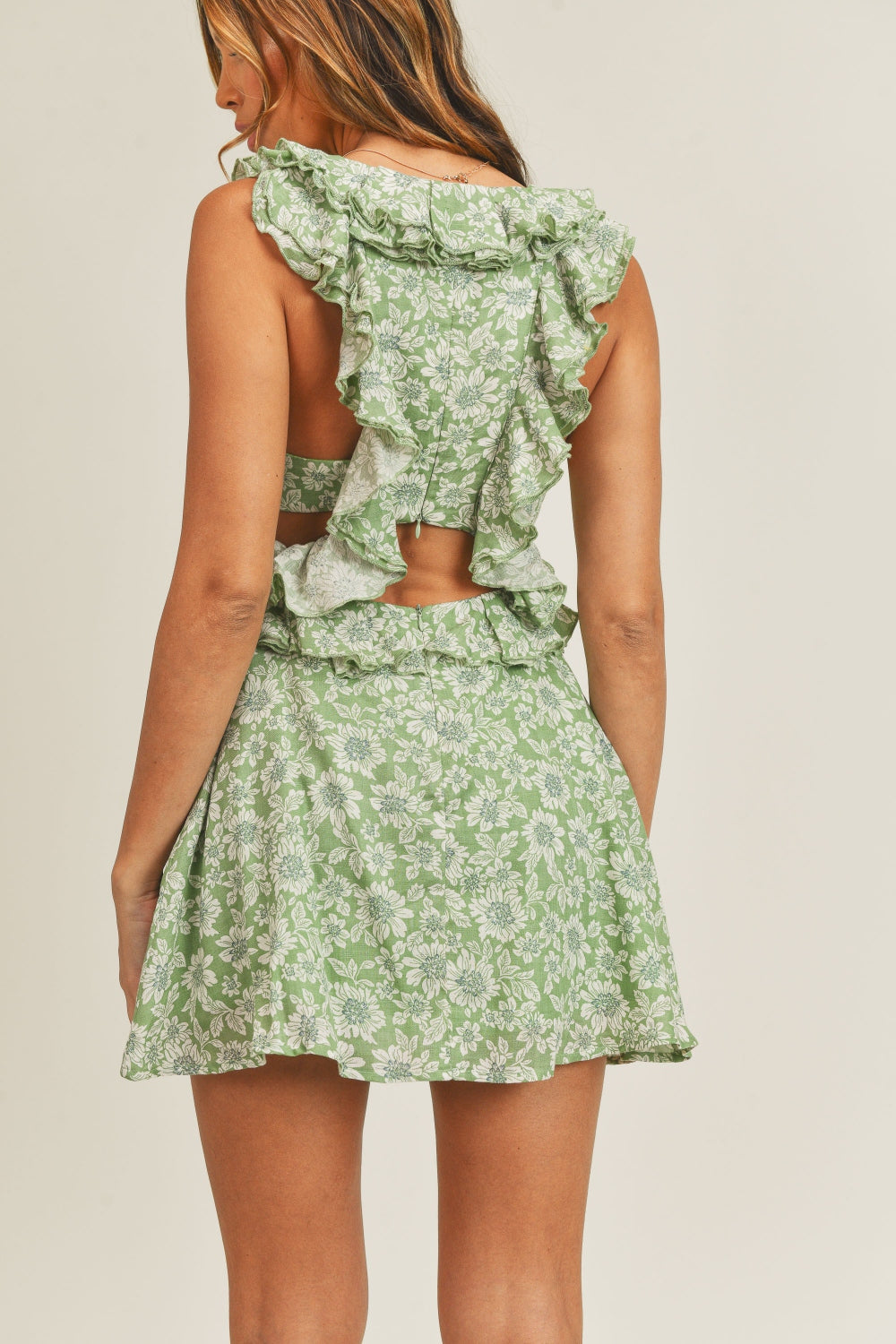 MABLE Floral Side Cutout Ruffled Mini Dress - The Goddess Galleries