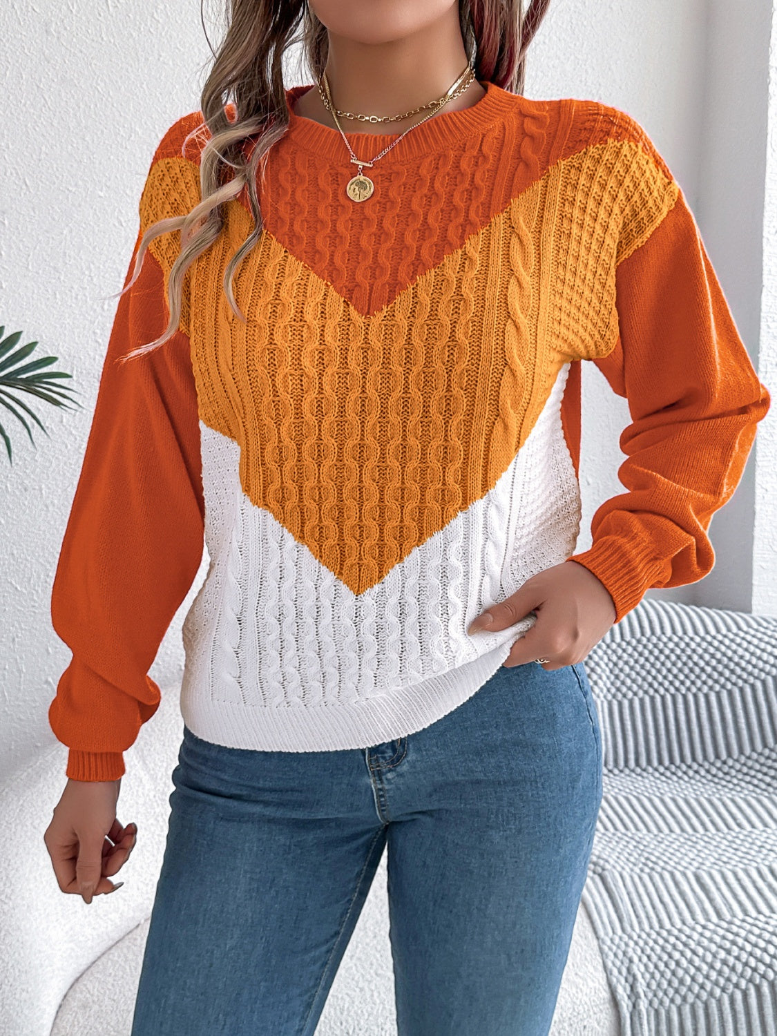 Contrast Round Neck Long Sleeve Sweater - The Goddess Galleries