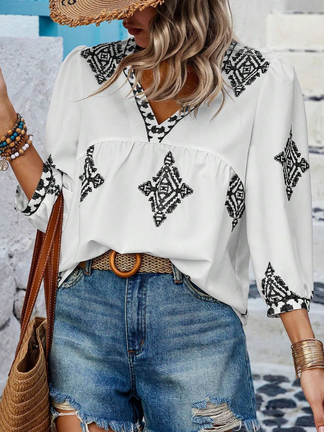 Printed V-Neck Three-Quarter Sleeve Blouse - The Goddess Galleries