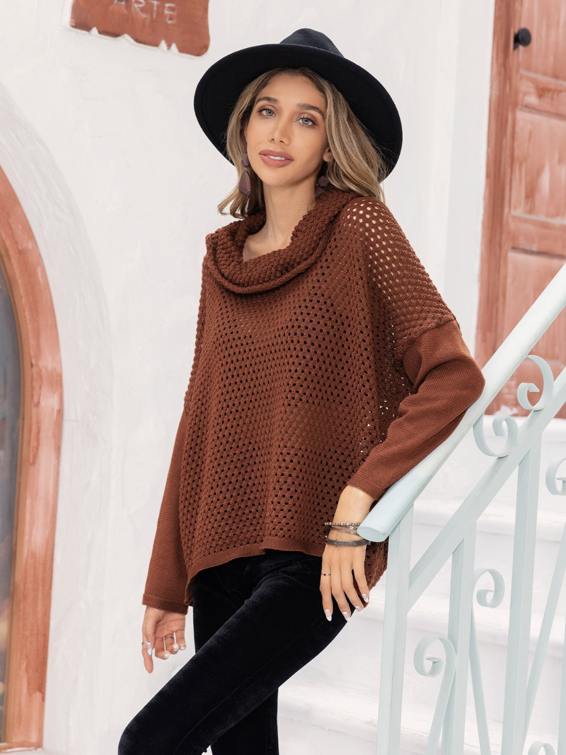 Openwork Mock Neck Dropped Shoulder Sweater - The Goddess Galleries