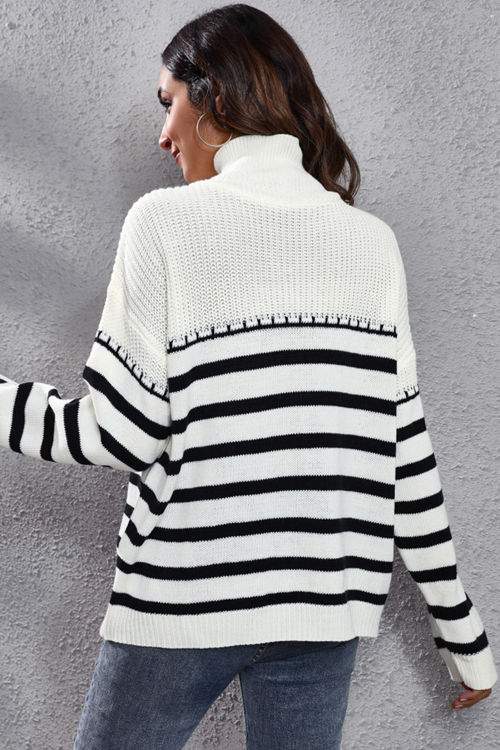 Striped Turtleneck Drop Shoulder Sweater - The Goddess Galleries