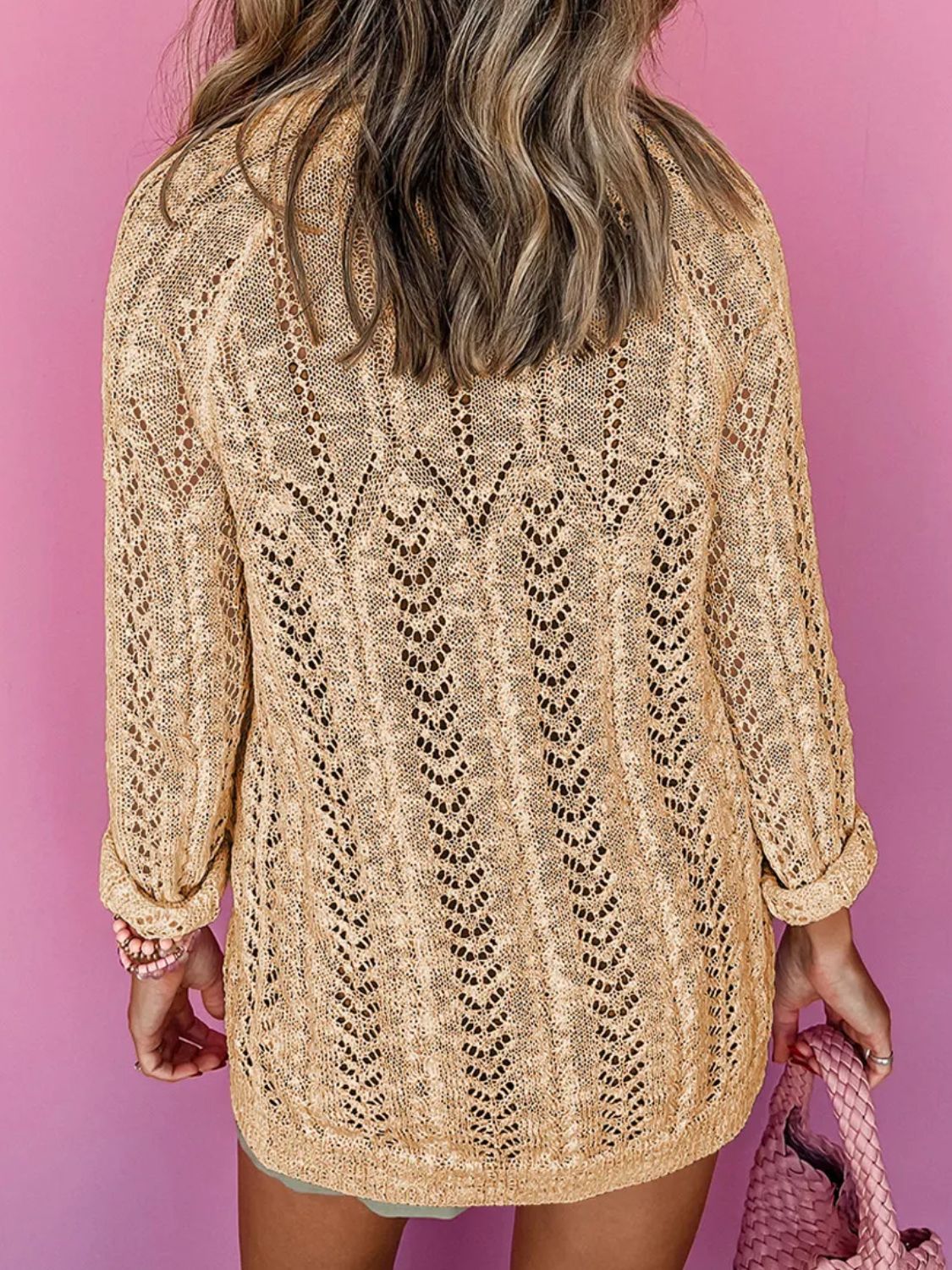 Openwork Open Front Long Sleeve Cardigan - The Goddess Galleries
