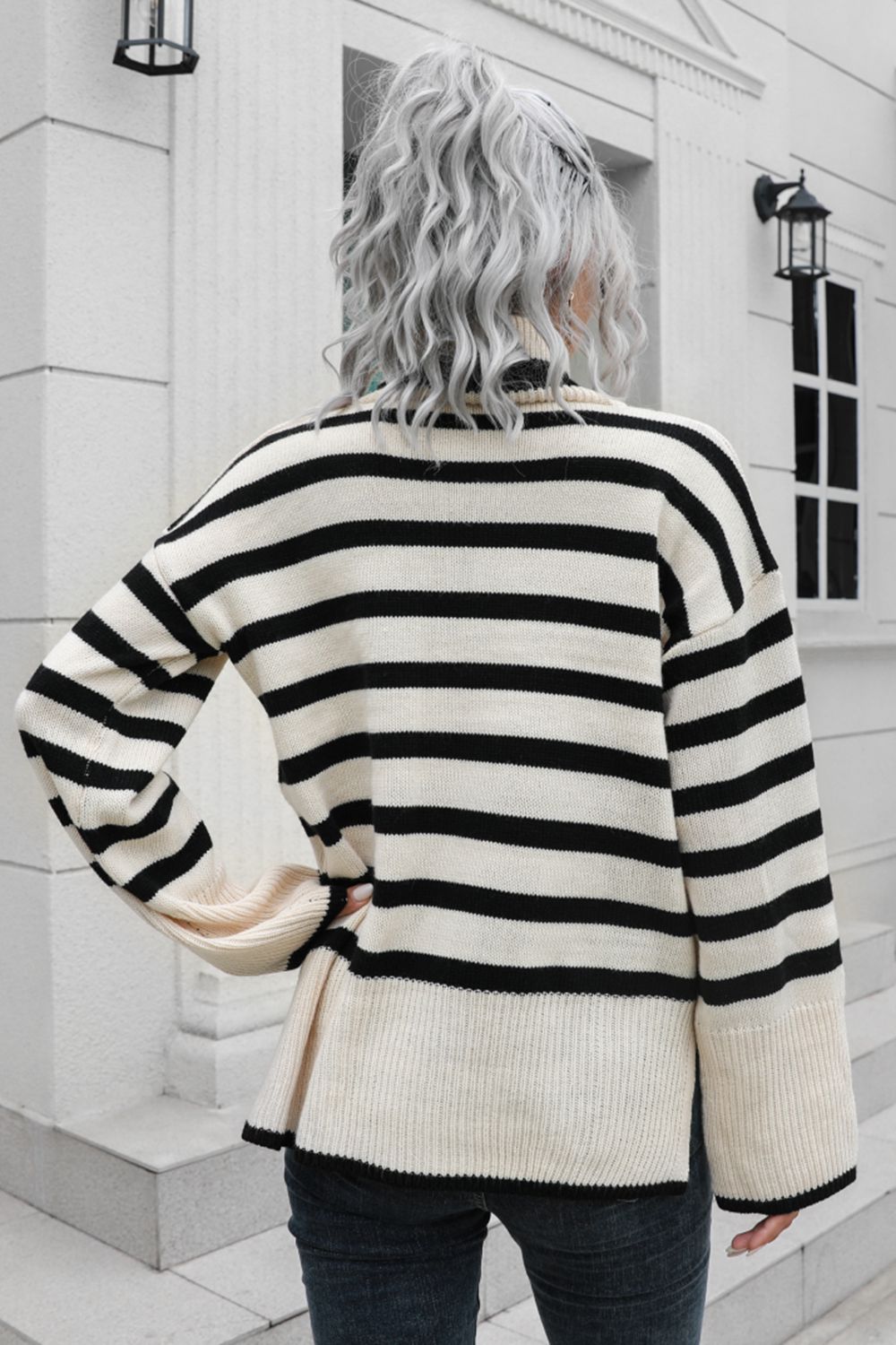 Striped Turtleneck Drop Shoulder Sweater - The Goddess Galleries