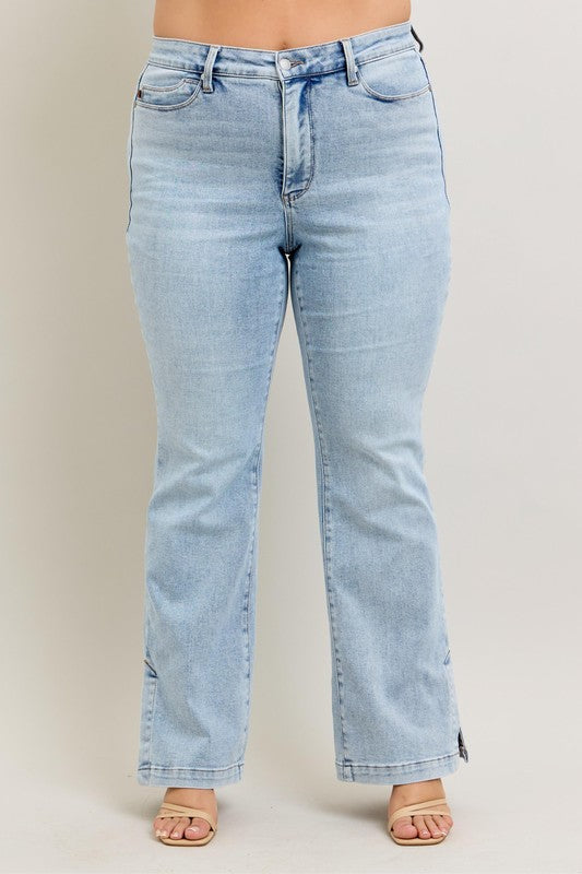 Judy Blue Full Size Tummy Control Vintage Wash Side Slit Slim Boot Jeans Plus Size - The Goddess Galleries
