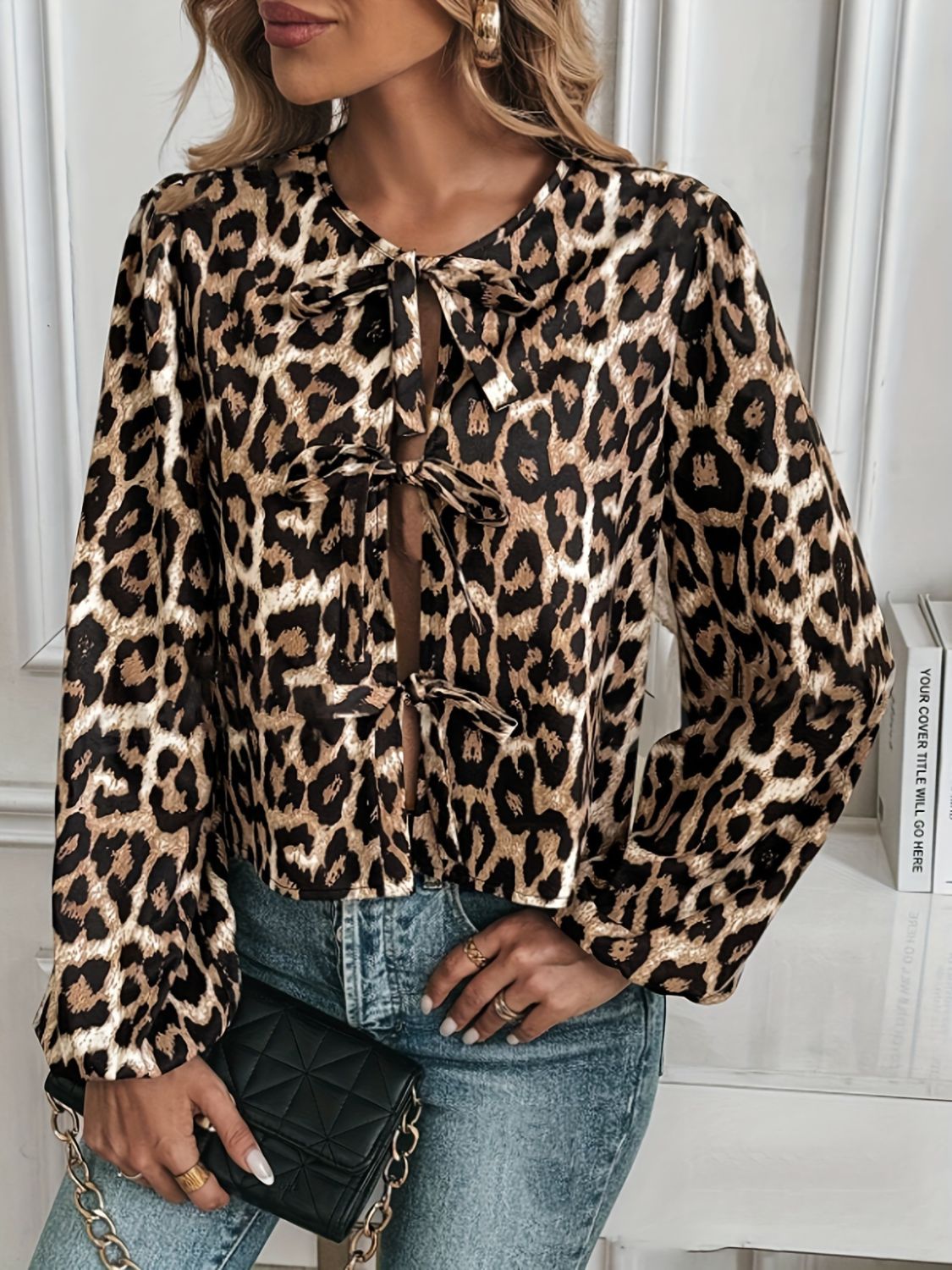 Tied Leopard Round Neck Long Sleeve Top - The Goddess Galleries