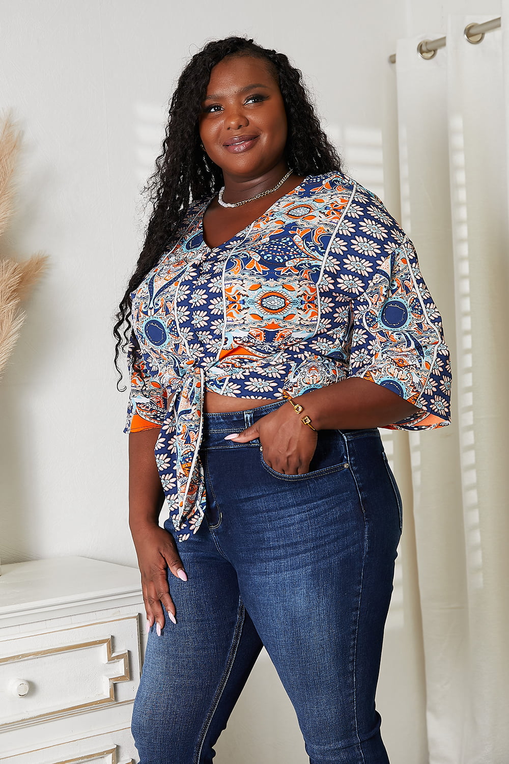 Tie Hem V-Neck Three-Quarter Sleeve Blouse - The Goddess Galleries