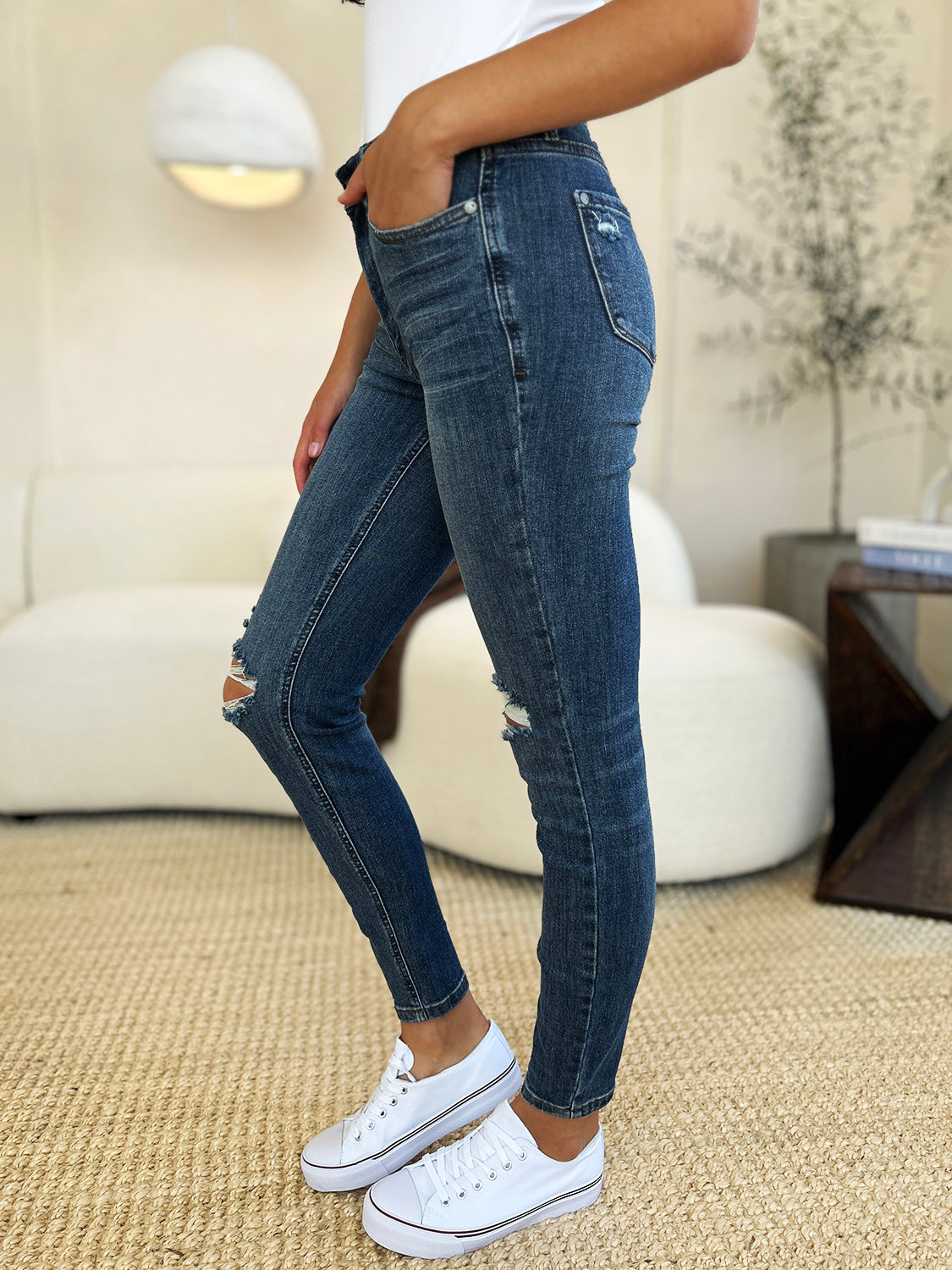 Judy Blue Full Size Mid Waist Distressed Slim Jeans - The Goddess Galleries