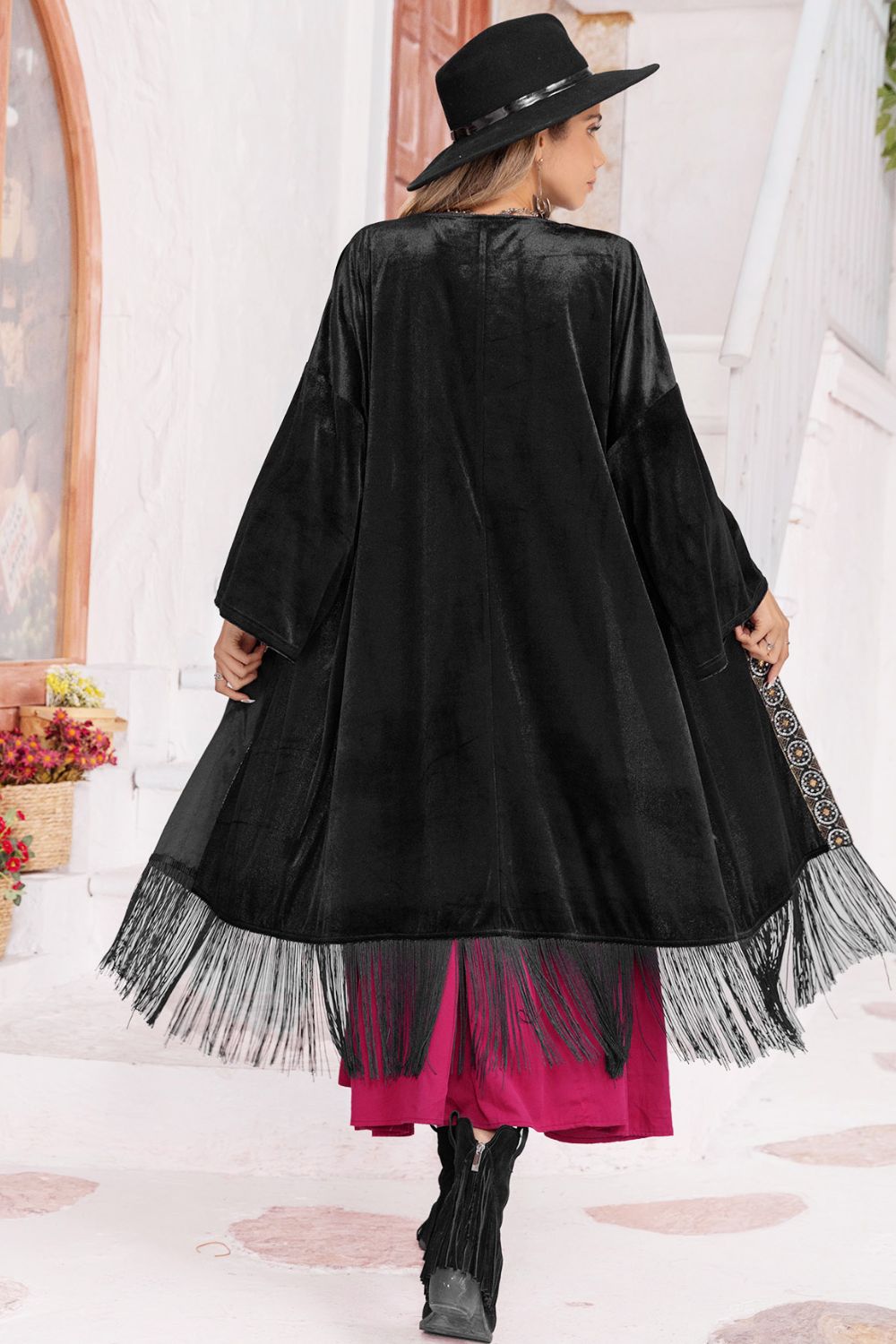 Opne Front Fringe Detail Long Sleeve Cardigan - The Goddess Galleries