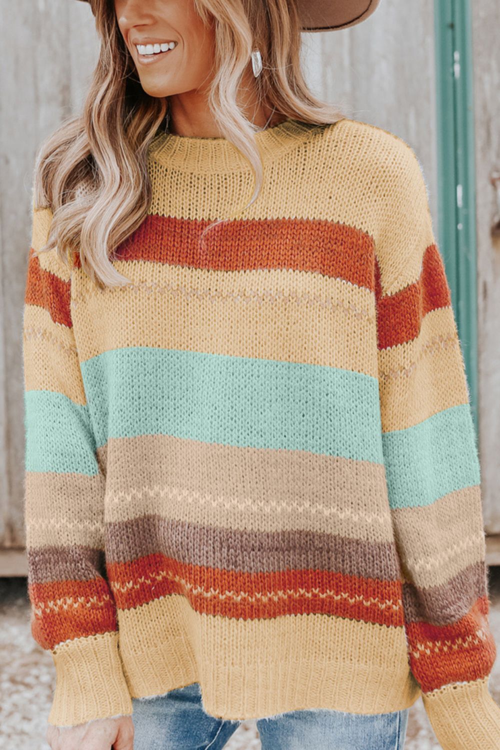 Color Block Round Neck Dropped Shoulder Sweater - The Goddess Galleries