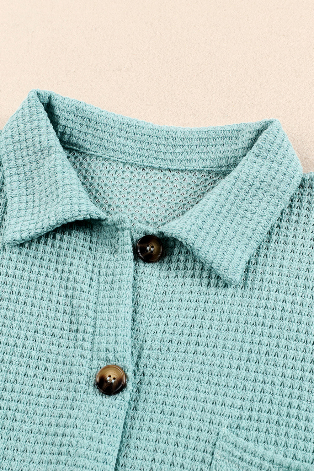 Waffle-Knit Collared Neck Long Sleeve Shirt - The Goddess Galleries
