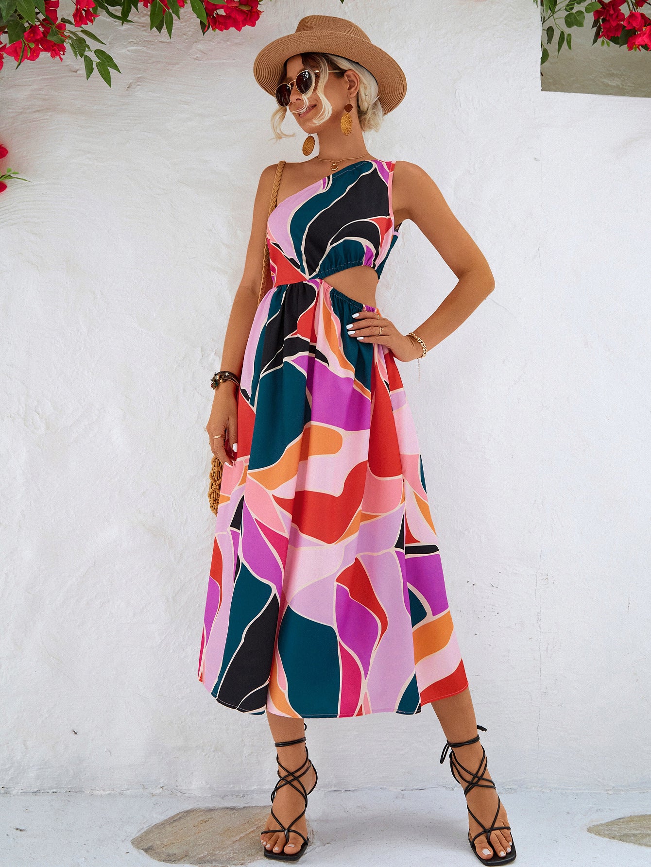 Printed Cutout One-Shoulder Sleeveless Dress - The Goddess Galleries