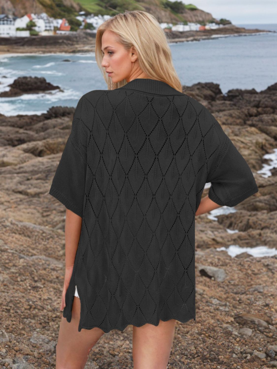 Button Down Eyelet Collared Neck Knit Shirt - The Goddess Galleries