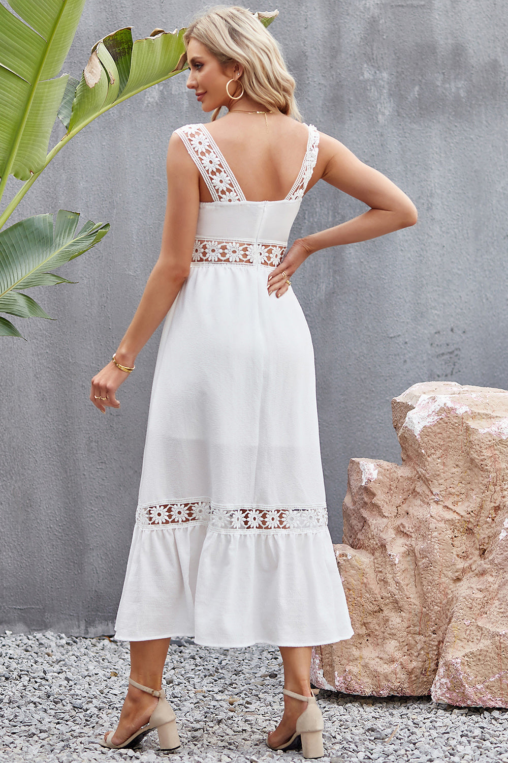 Flower Crochet Wide Strap Midi Dress - The Goddess Galleries