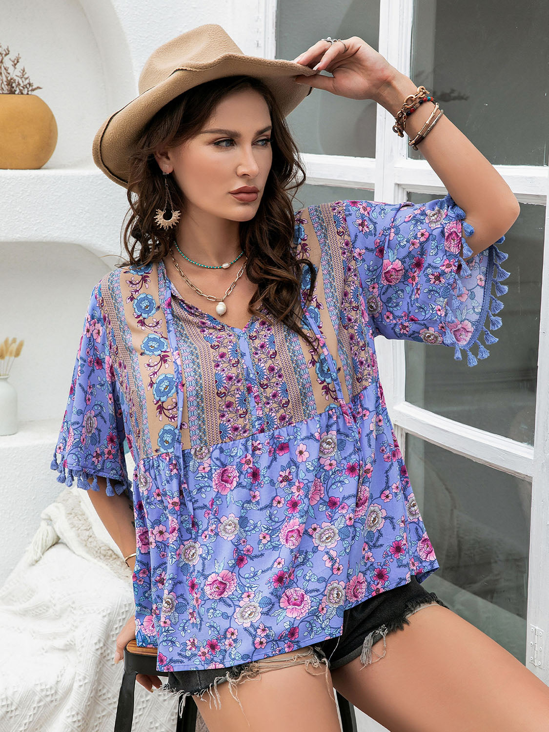 Plus Size Printed V-Neck Half Sleeve Blouse - The Goddess Galleries