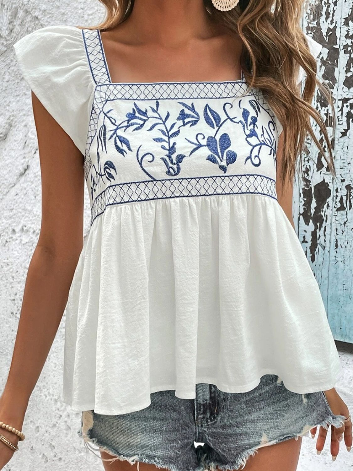 Tied Embroidered Ruffled Square Neck Cap Sleeve Blouse - The Goddess Galleries