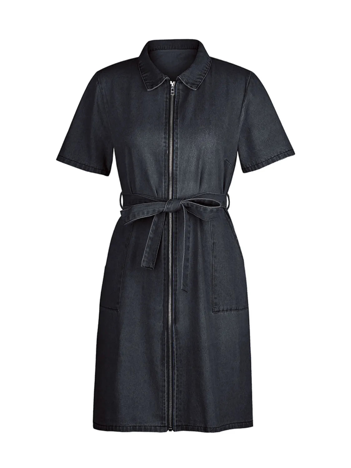 Full Size Zip Front Short Sleeve Denim Dress Plus Size - The Goddess Galleries
