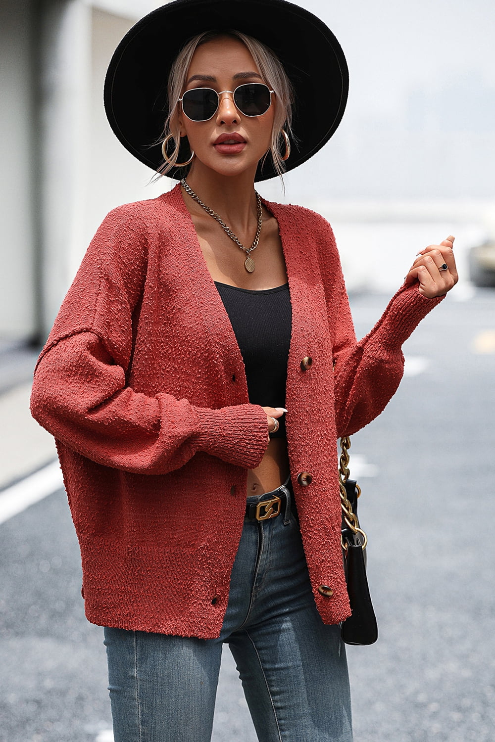 Button-Up Dropped Shoulder Cardigan - The Goddess Galleries