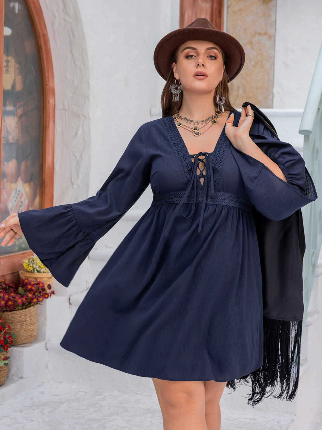 Plus Size Tie Front V-Neck Flare Sleeve Dress - The Goddess Galleries