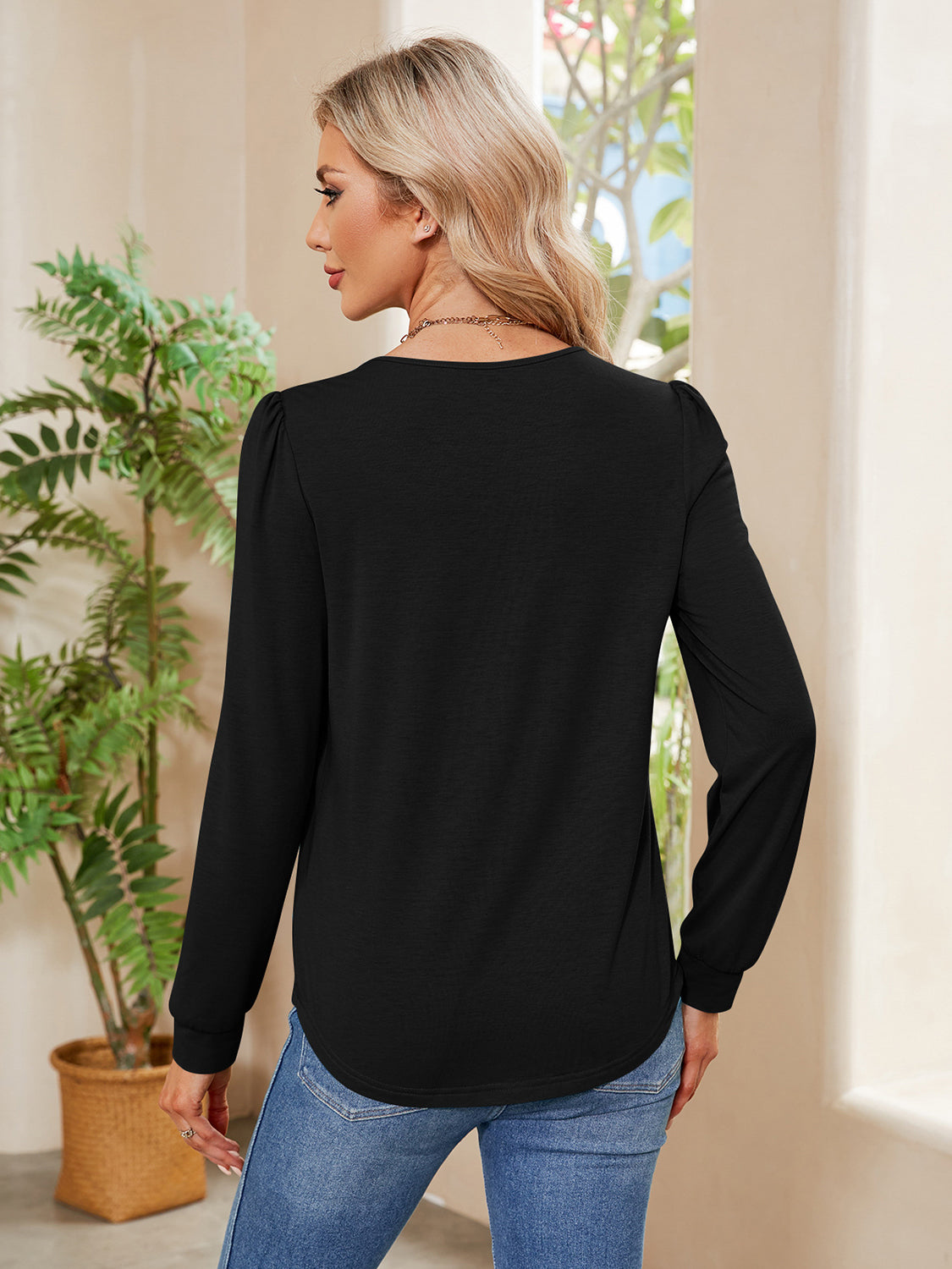 Ruched Round Neck Long Sleeve Blouse - The Goddess Galleries