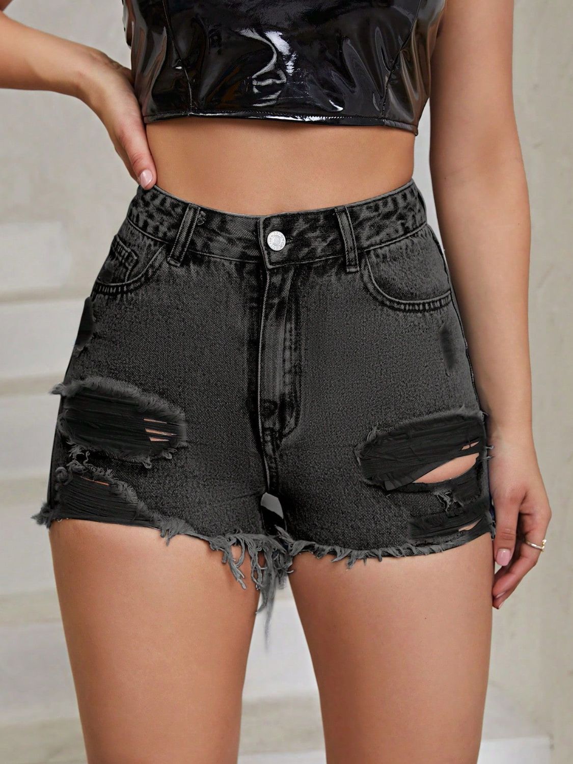 Distressed Raw Hem High Rise Denim Shorts - The Goddess Galleries