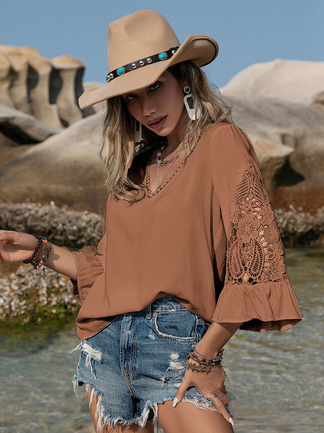 Openwork V-Neck Flounce Sleeve Blouse - The Goddess Galleries