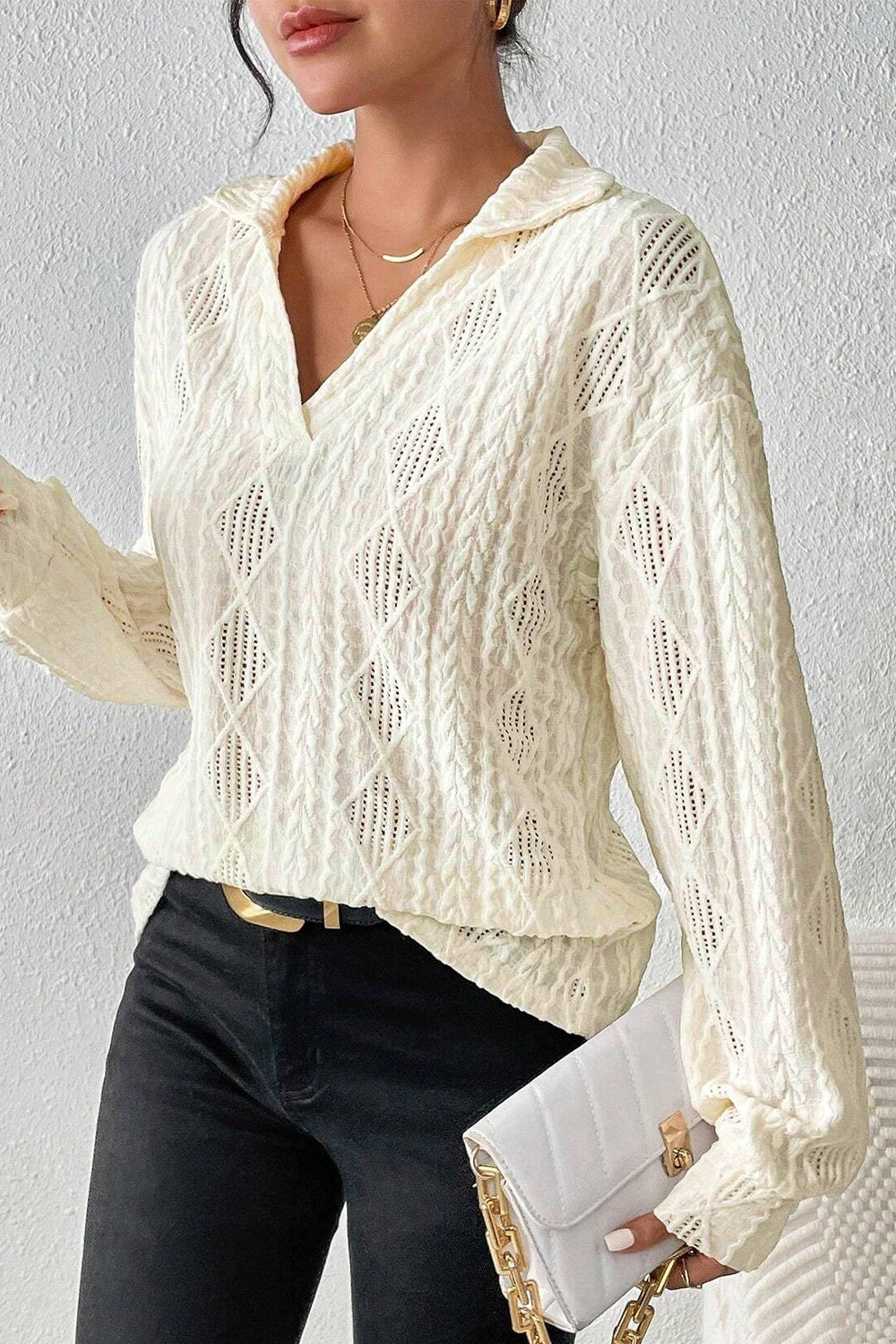 Eyelet Johnny Collar Dropped Shoulder Blouse - The Goddess Galleries