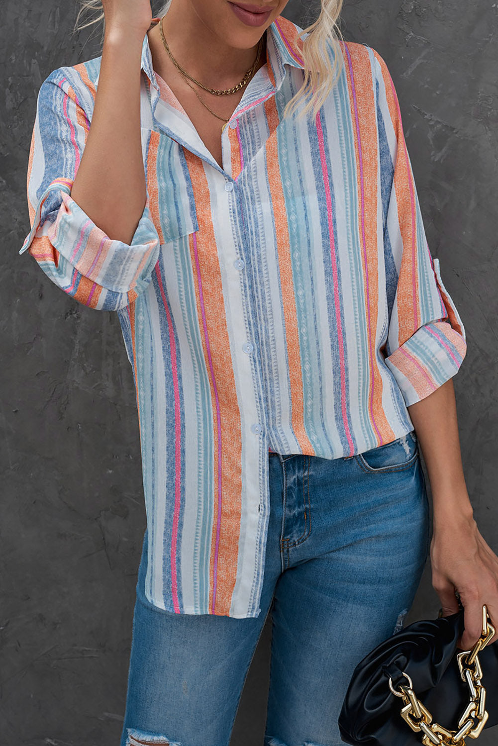 Striped Button-Up Curved Hem Shirt with Breast Pocket - The Goddess Galleries