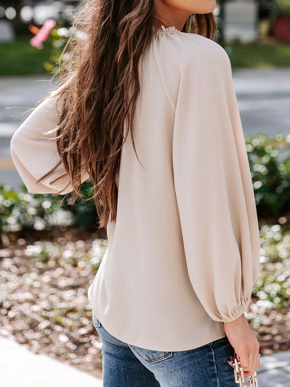 Ruched Notched Balloon Sleeve Blouse - The Goddess Galleries