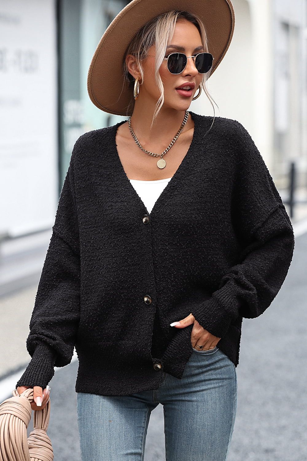 Button-Up Dropped Shoulder Cardigan - The Goddess Galleries