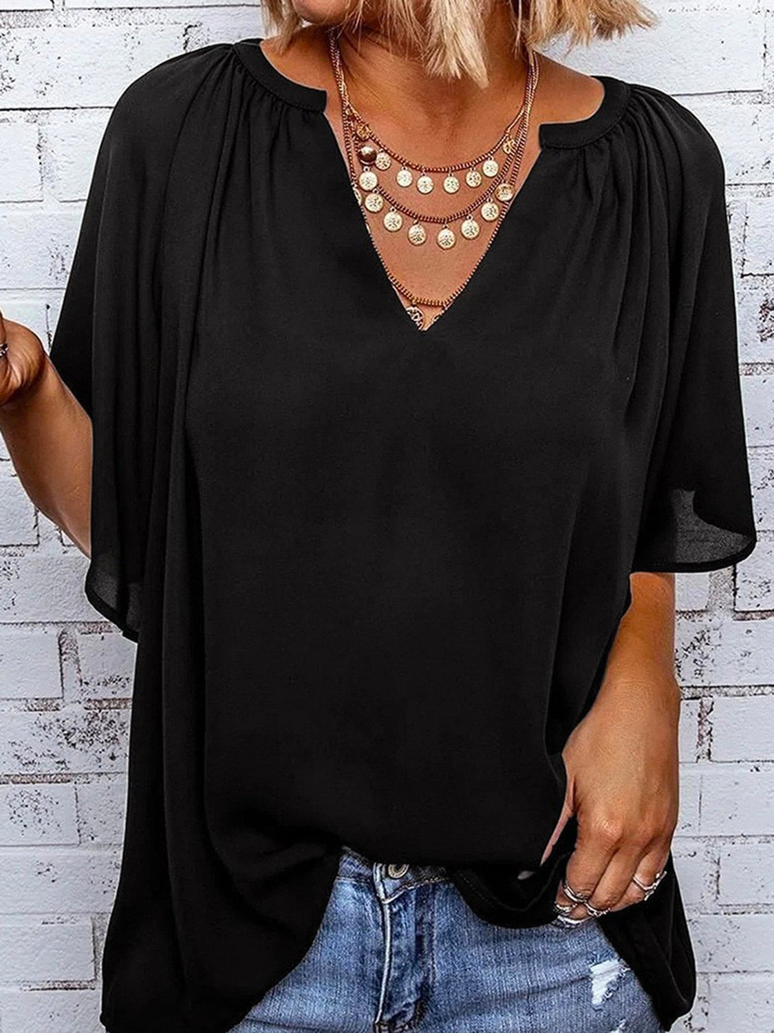 Ruched Notched Half Sleeve Blouse - The Goddess Galleries