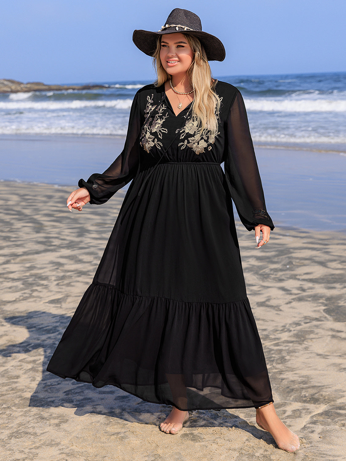 Plus Size Embroidered Tie Neck Long Sleeve Dress - The Goddess Galleries