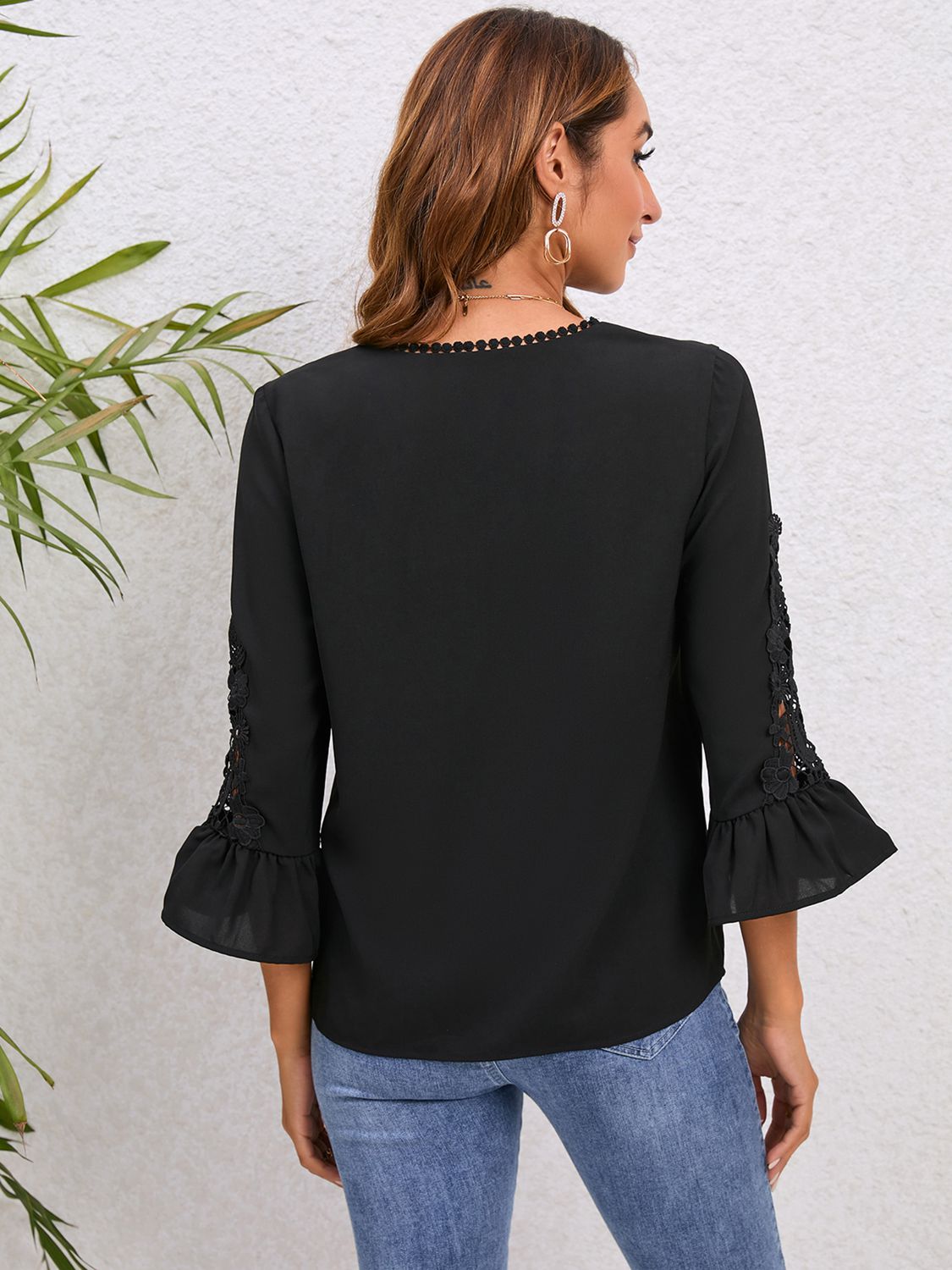 V-Neck Lace Detail Flounce Sleeve Blouse - The Goddess Galleries
